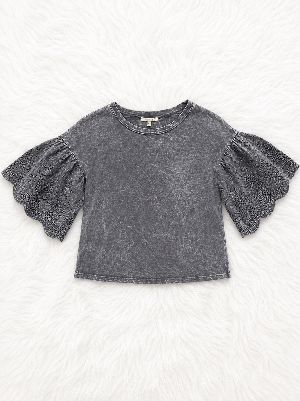 Gimmicks Acid Wash Eyelet Puff Sleeve Top XS Boho Cottagecore Boutique Blouse
